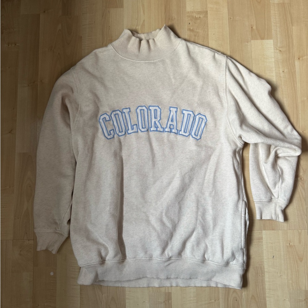 Aerie Cream Turtleneck Sweater with Blue 'Colorado'